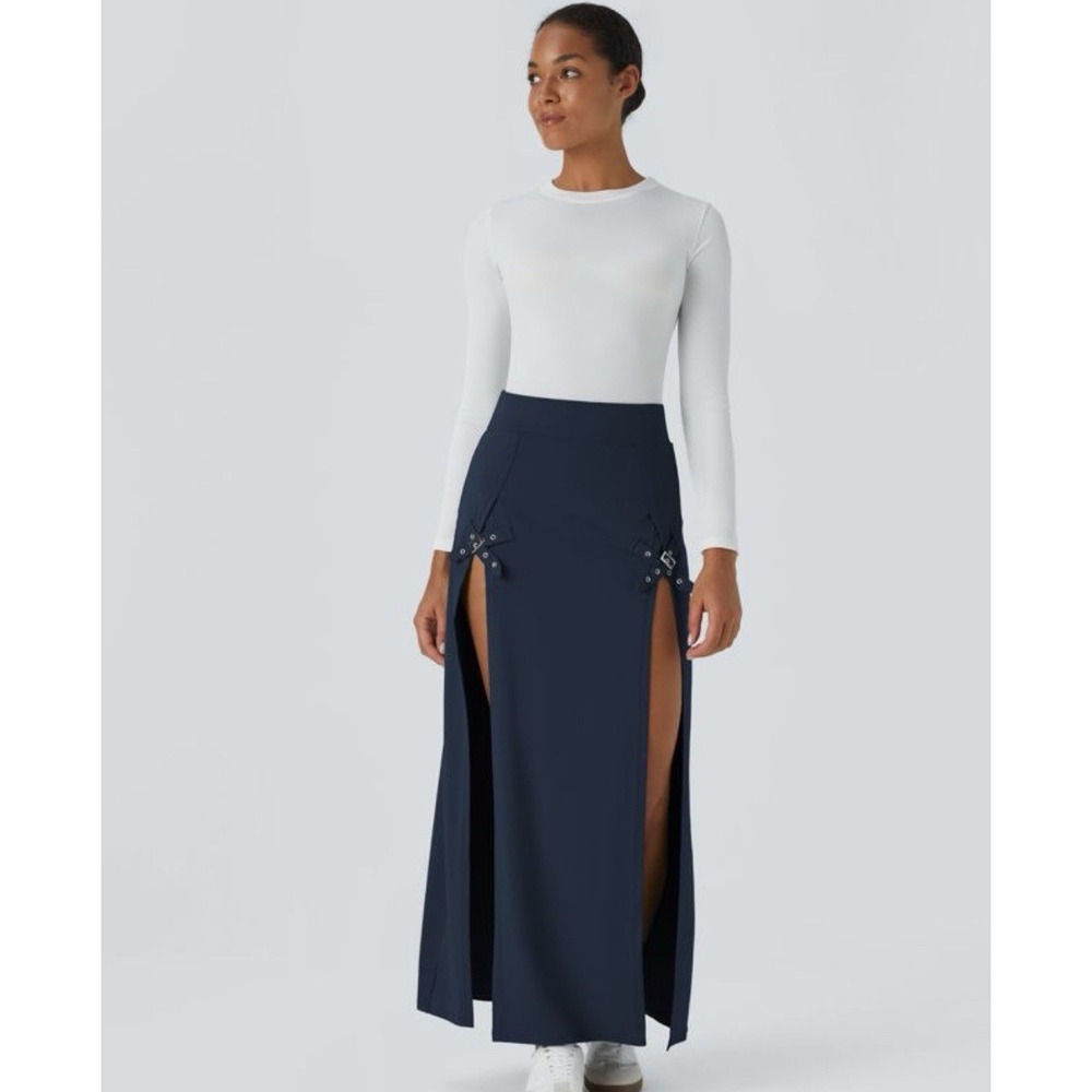 Halara Women's Size S Navy Blue Double Buckle Front Split Maxi‎ Skirt Skort